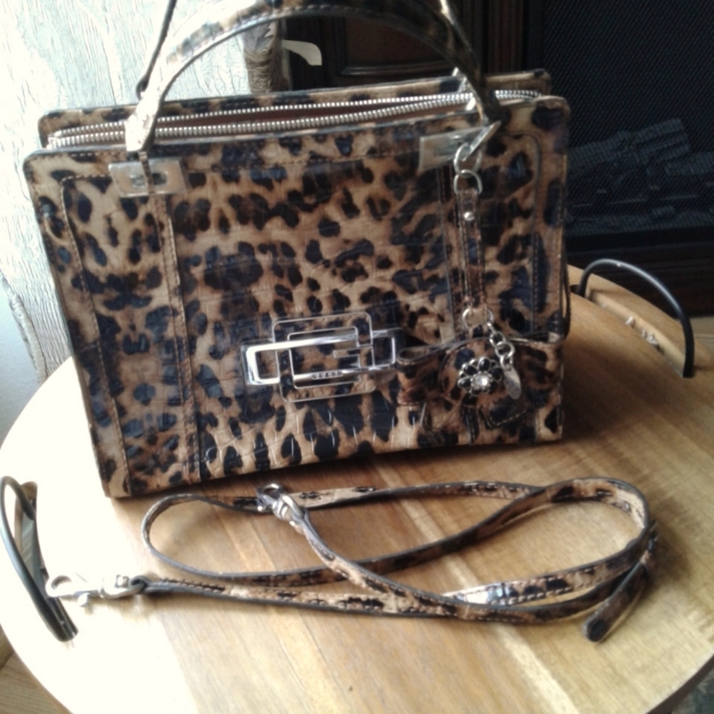 Guess Brown and Black Leopard Print Satchel